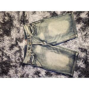 MONARCHY Premium Denim Jean Shorts Embroidered Faded 40 Faux Flap Pockets Y2K